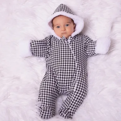 Kombinezon przejściowy dziewczęcy z kapturem, ocieplany, biało-czarny, Nicol