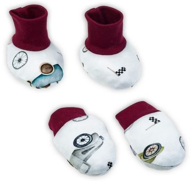Komplet chłopięcy, Buciki niechodki, Rękawiczki niedrapki, bordowo-biały, Nicol