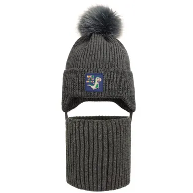 Komplet chłopięcy, Czapka z pomponem, Komin, szary, Ambra