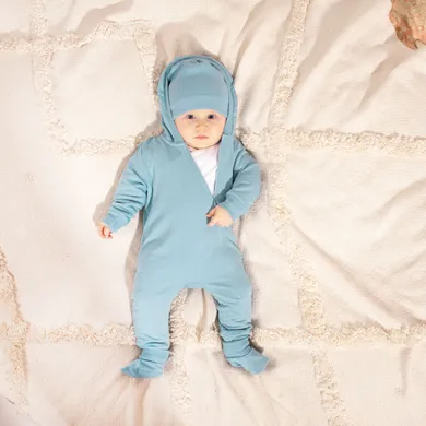 Komplet chłopięcy, Kombinezon przejściowy z kapturem, Buciki niechodki, niebieski, Nicol
