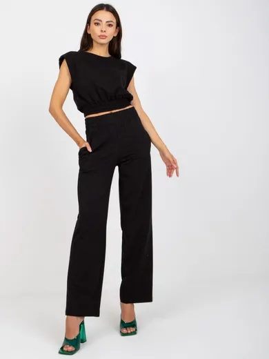 Komplet damski, Bluzka z krótkim rękawem, Spodnie, czarny, Rue Paris