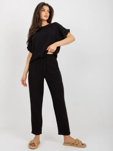 Komplet damski, Bluzka z krótkim rękawem, Spodnie, czarny, Rue Paris