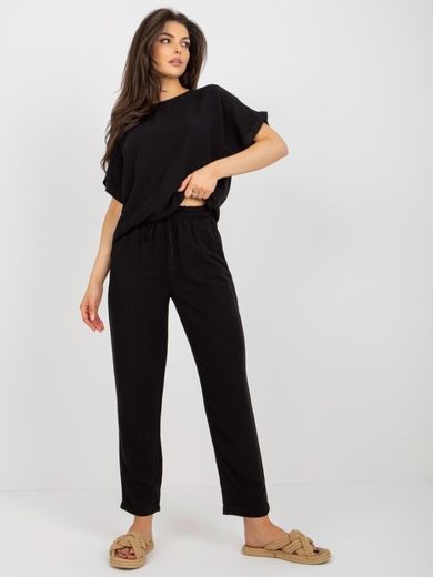 Komplet damski, Bluzka z krótkim rękawem, Spodnie, czarny, Rue Paris