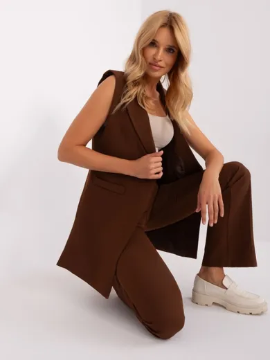 Komplet damski, Spodnie materiałowe, Kamizelka, brązowy, Italy Moda