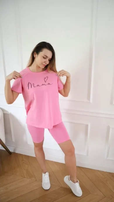 Komplet damski, T-shirt, Legginsy kolarki, różowy, Pretilo Mini