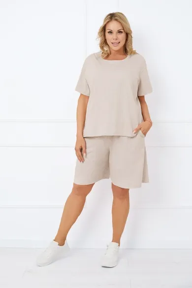 Komplet damski, T-shirt, Szorty, plus size, beżowy, Italian Fashion