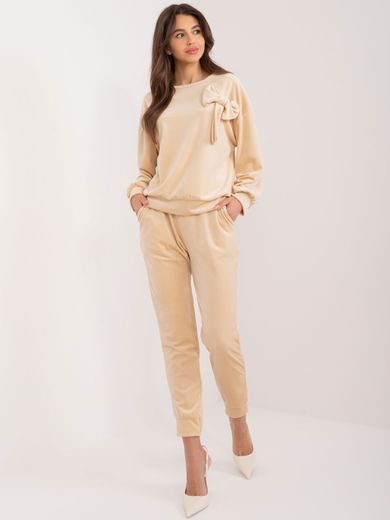 Komplet damski, welurowy, beżowy, Italy Moda