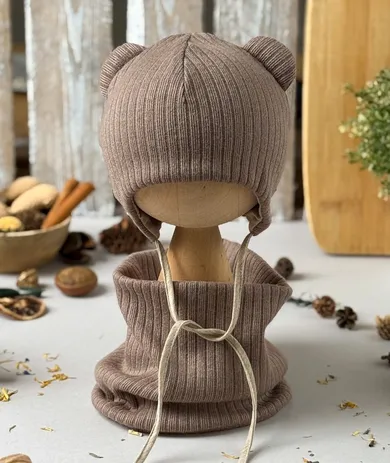 Komplet dziecięcy, sweterkowy, Czapka, Komin, brązowy, Iltom