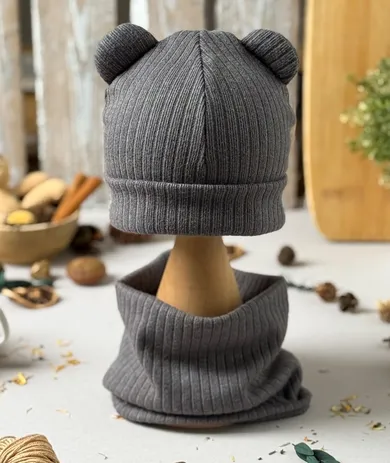 Komplet dziecięcy, sweterkowy, Czapka, Komin, grafitowy, Iltom