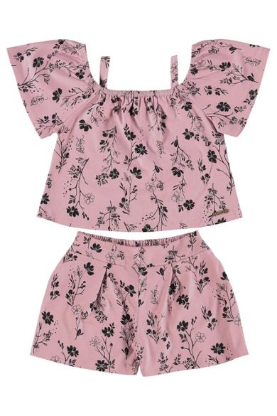 Komplet dziewczęcy, Bluzka z krótkim rękawem, crop top, Szorty, różowy, Quimby