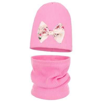 Komplet dziewczęcy, Czapka, Komin, prążkowany, różowy, Ambra