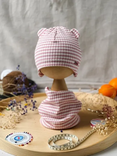 Komplet dziewczęcy, Czapka, Komin, różowo-biały, Iltom