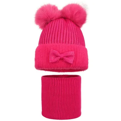 Komplet dziewczęcy, Czapka z pomponami, Komin, różowy, Ambra