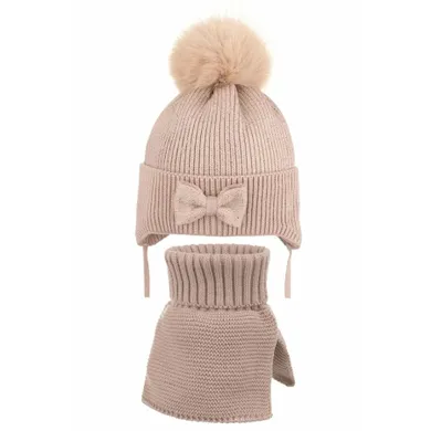 Komplet dziewczęcy, Czapka z pomponem, Komin, beżowy, Ambra
