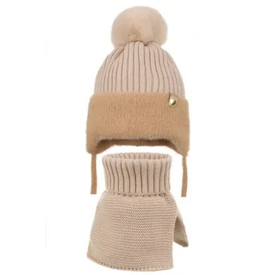 Komplet dziewczęcy, Czapka z pomponem, wiązana, Komin, beżowy, Ambra