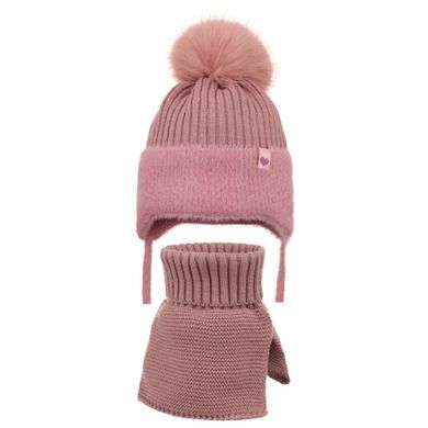 Komplet dziewczęcy, Czapka z pomponem, wiązana, Komin, różowy, Ambra