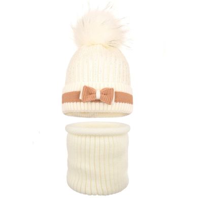 Komplet dziewczęcy, Komin, Czapka z pomponem, ecru, Ambra