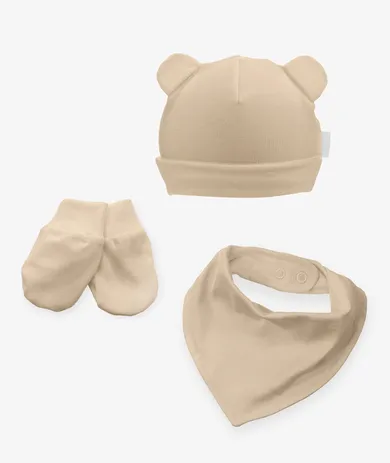 Komplet niemowlęcy, Czapka, Apaszka, Rękawiczki niedrapki, beżowy, Iltom