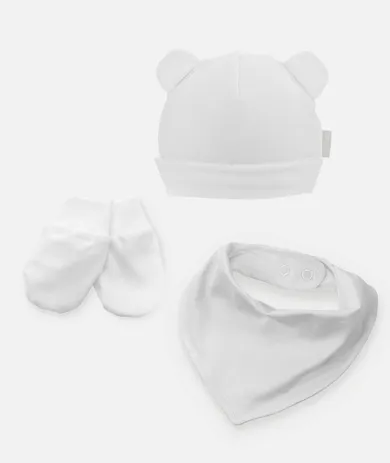 Komplet niemowlęcy, Czapka, Apaszka, Rękawiczki niedrapki, biały, Iltom