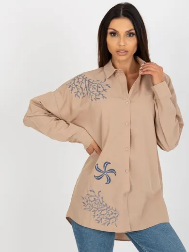 Koszula damska z długim rękawem, beżowa, Factory Price