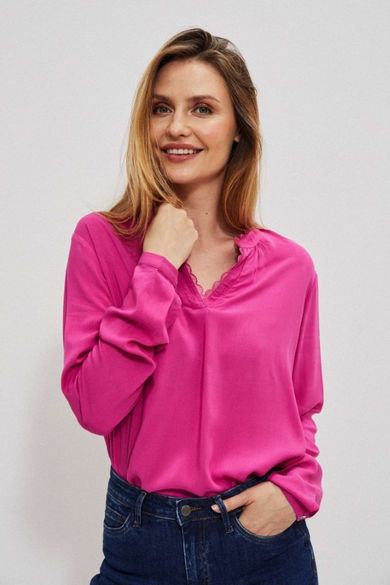 Koszula damska z długim rękawem, różowa, Moodo
