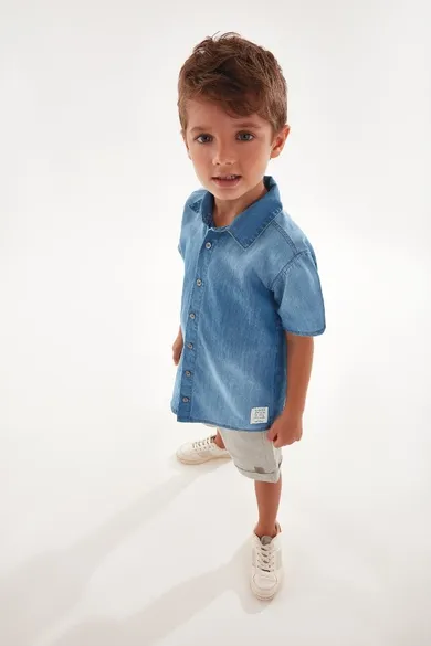 Koszula jeansowa chłopięca z krótkim rękawem, denim, Up Baby