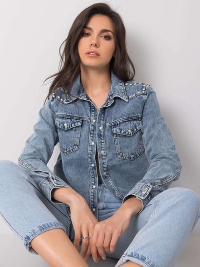 Koszula jeansowa damska z długim rękawem, niebieska, Factory Price