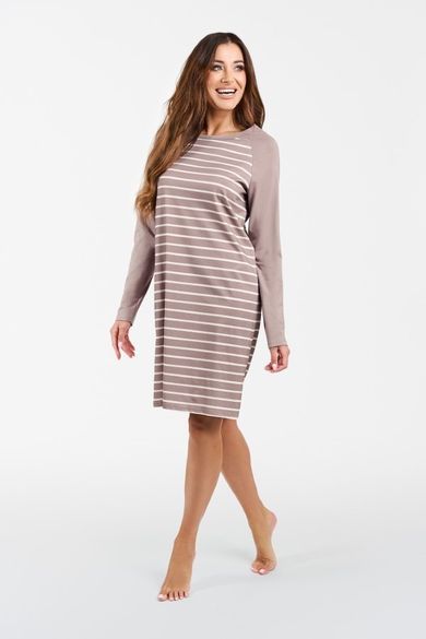 Koszula nocna damska z długim rękawem, beżowa, Oda, Italian Fashion