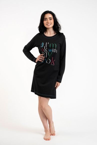 Koszula nocna damska z długim rękawem, czarna, Olza, Italian Fashion
