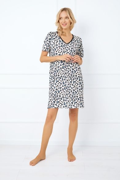 Koszula nocna damska z krótkim rękawem, beżowa, Italian Fashion