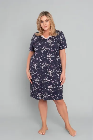 Koszula nocna damska z krótkim rękawem, plus size, granatowa, Evita, Italian Fashion