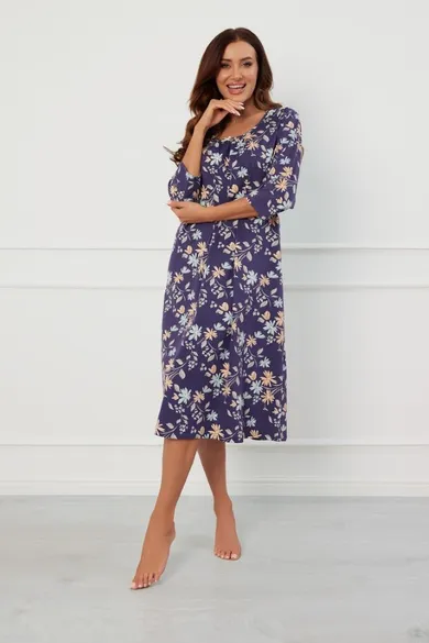 Koszula nocna damska z rękawem 3/4, plus size, granatowa, Pulia, Italian Fashion