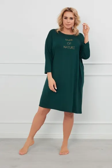 Koszula nocna damska z rękawem 3/4, plus size, zielona, Natura, Italian Fashion