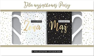 Kukartka, komplet kubków, Cudowna Żona, Wspaniały Mąż