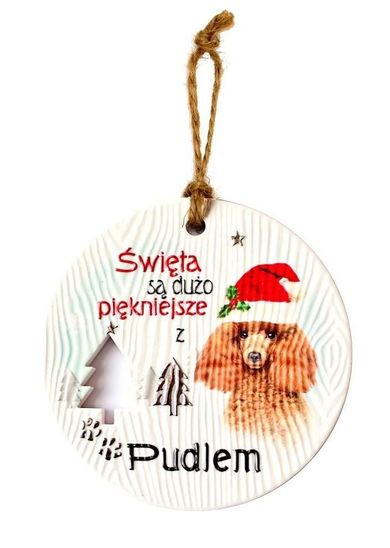 Kukartka, zawieszka ceramiczna, Boże Narodzenie, Pudel