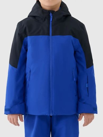 Kurtka narciarska chłopięca z kapturem, ocieplana, niebieska, 4F