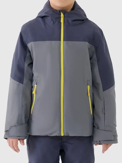 Kurtka narciarska chłopięca z kapturem, ocieplana, szara, 4F