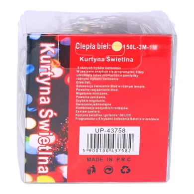 Kurtyna świetlna z pilotem, ciepła biel, 3m