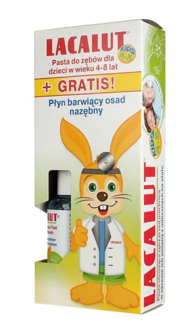 Lacalut, pasta do zębów dla dzieci od 4-8 lat + płyn barwiący osad nazębny