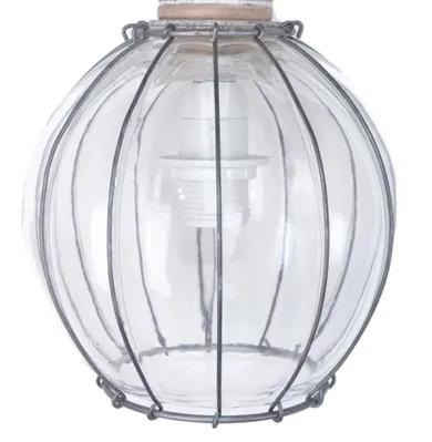 Lampa metalowo-drewniana, klosz szklany, kula, 15-15-28 cm