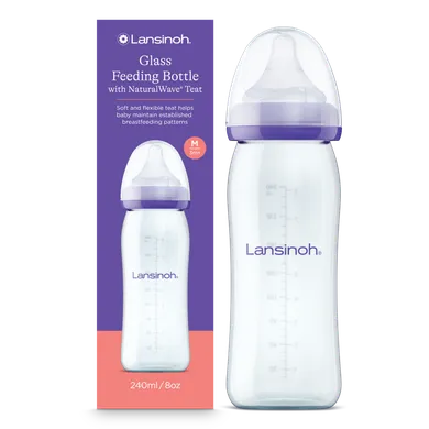 Lansinoh, NaturalWave, szklana butelka do karmienia ze smoczkiem, 240 ml