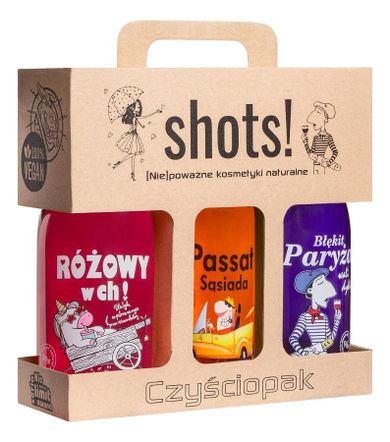 LaQ, Shots! Czyściopak Unisex, zestaw, żel pod prysznic, Różowy w ch!, 500 ml + Passat Sąsiada, 500 ml + Błękit Paryża, 500 ml