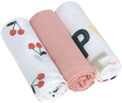 Lassig, Happy Fruits, pieluszka bambusowa, otulacz, cherry, 80-80 cm, 3 szt.