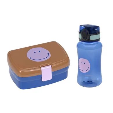 Lassig, Little Gang, Smile, zestaw na lunch: lunchbox + tritanowa butelka 460 ml, caramel/blue