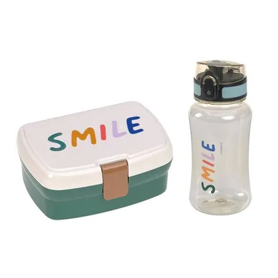 Lassig, Little Gang, Smile, zestaw na lunch: lunchbox + tritanowa butelka 460 ml, milky/ocean green