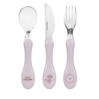 Lassig, Tiny Team, zestaw sztućców ze stali nierdzewnej, kotek, 3 szt.