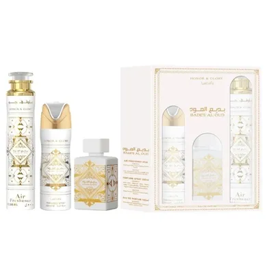 Lattafa, Bade'e Al Oud Honor & Glory, zestaw: woda perfumowana spray, 100 ml + dezodorant spray, 200 ml + odświeżacz powietrza, 300 ml