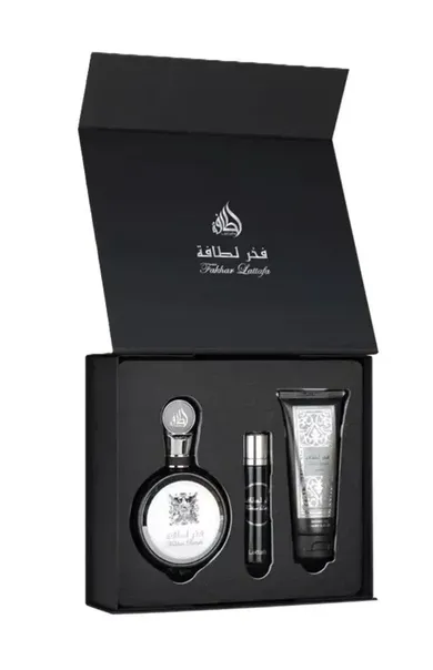 Lattafa, Fakhar Men, zestaw: woda perfumowana, 100 ml + woda perfumowana, 12 ml + żel pod prysznic, 100 ml