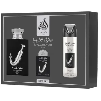 Lattafa, Ishq Al Shuyukh Silver, zestaw: woda perfumowana, spray, 100 ml + woda perfumowana, spray, 20 ml + dezodorant, spray, 200 ml