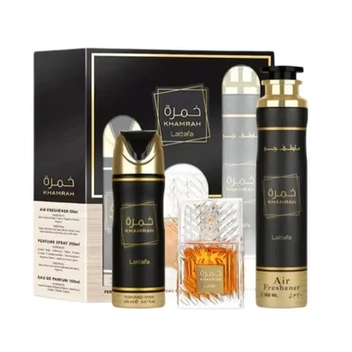 Lattafa, Khamrah, zestaw: woda perfumowana, spray, 100 ml + dezodorant, spray, 200 ml + odświeżacz powietrza, 300 ml